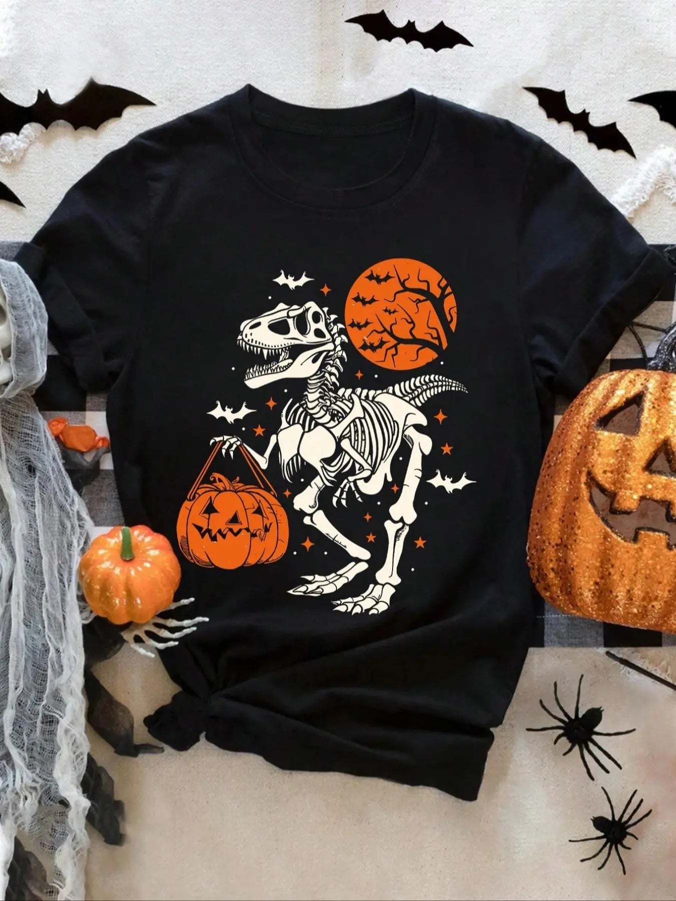 Women's Halloween Themed Dinosaur & Pumpkin Print Round Neck Tee, Fashion Casual Short Sleeve T-shirt for Daily Holiday...