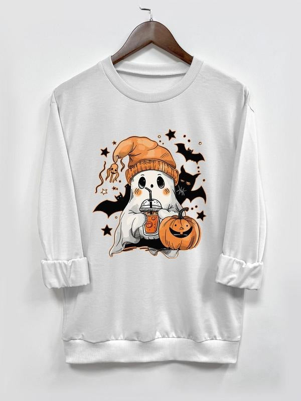 Women's Halloween Themed Ghost Print Drop Shoulder Pullover, Fashion Casual Long Sleeve Crew Neck Sweatshirt for Daily...