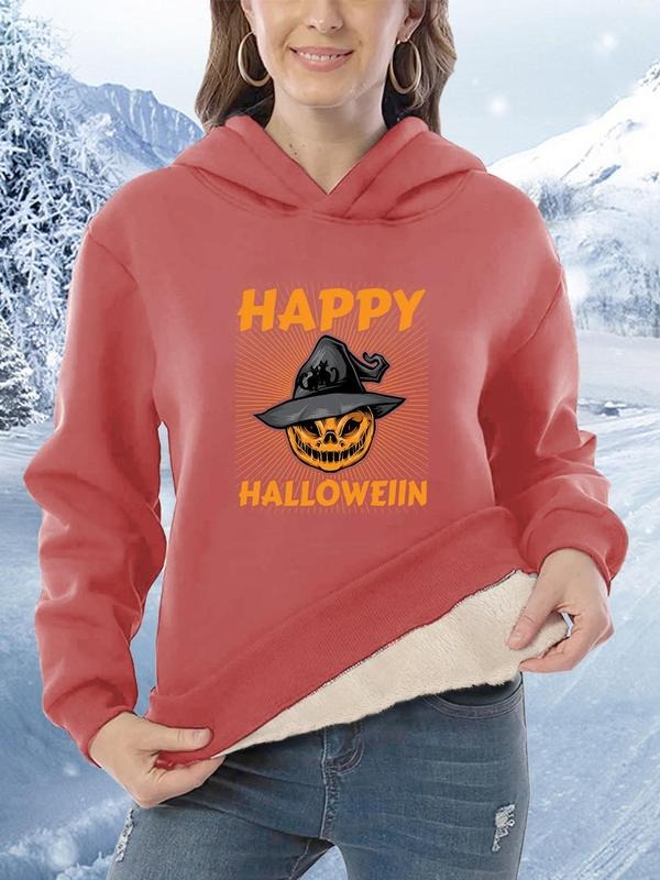 Women's Halloween Themed Letter & Pumpkin Print Drop Shoulder Plush Hoodie, Fashion Casual Long Sleeve Hooded Sweatshirt...