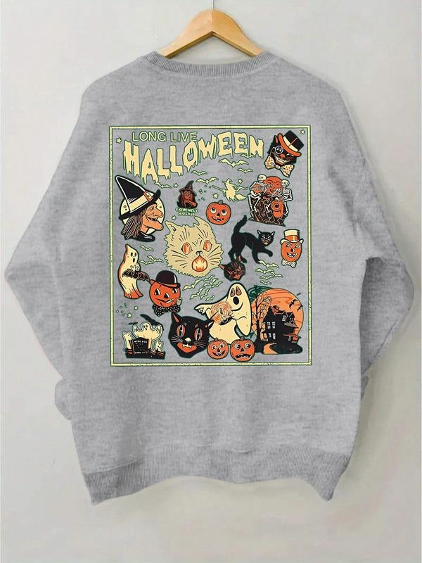 Women's Halloween Themed Print Crew Neck Sweatshirt, Casual Long Sleeve Pullover for Fall & Winter, Women's Clothes for...