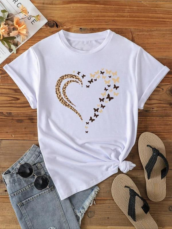 Women's Heart & Butterfly Print Round Neck Tee, Casual Short Sleeve Crew Neck T-Shirt for Summer, Fashion Women's Top for...