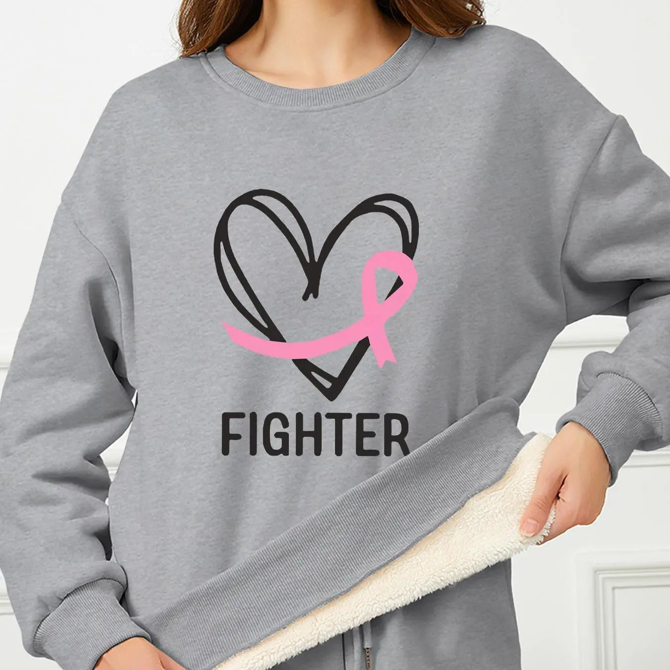 Women's Heart & Letter Print Drop Shoulder Plush Lined Pullover, Casual Long Sleeve Round Neck Sweatshirt for Fall &...