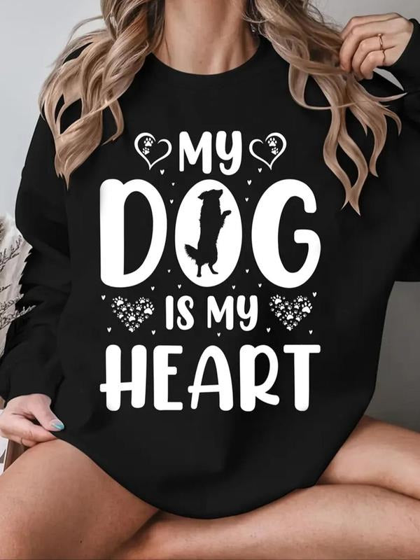 Women's Heart & Letter Print Drop Shoulder Sweatshirt, Casual Long Sleeve Round Neck Pullover for Fall & Winter, Ladies...