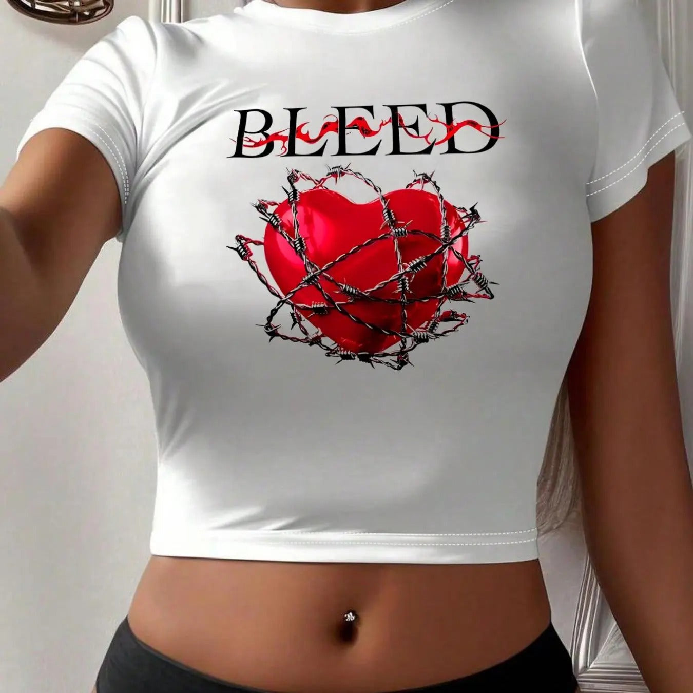 Women's Heart & Letter Print Round Neck Crop Tee, Casual Short Sleeve Crew Neck T-shirt for Daily Wear, Ladies Clothes...