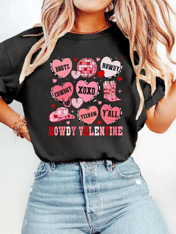 Women's Heart & Letter Print Round Neck Graphic Tee, Vintage Trendy Casual Short Sleeve T-shirt for Daily Wear, Ladies...
