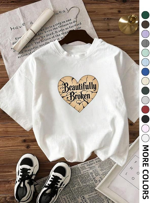 Women's Heart & Letter Print Round Neck Tee, Fashion Casual Crew Neck T-shirt for Daily Holiday Vacation Outdoor Wear,...