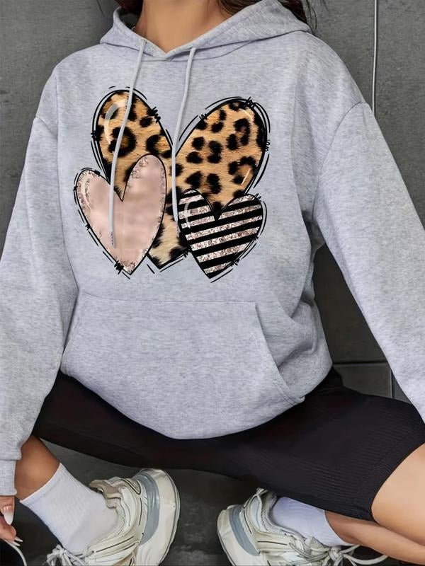 Women's Heart Leopard Print Thermal Lined Hoodie, Casual Long Sleeve Drawstring Pullover Hooded Sweatshirt for Fall &...