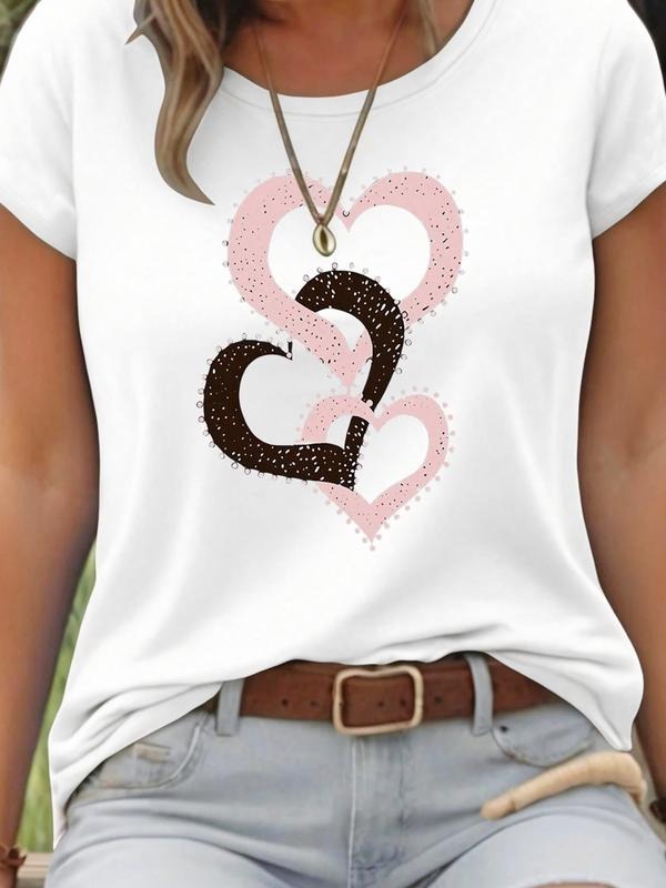 Women's Heart Pattern Printed Round Neck Short Sleeve Casual T-Shirt, Summer Top for New Year Celebrations, Fitted Style...