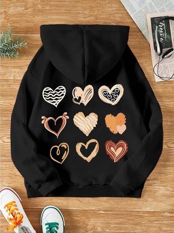 Women's Heart Print Drawstring Hoodie, Fashion Casual Hooded Sweatshirt For Daily Holiday Outdoor Wear, Women Clothing...