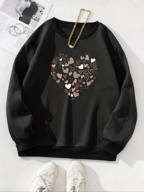 Women's Heart Print Drop Shoulder Sweatshirt, Casual Long Sleeve Round Neck Pullover for Fall & Winter, Women's Clothes...