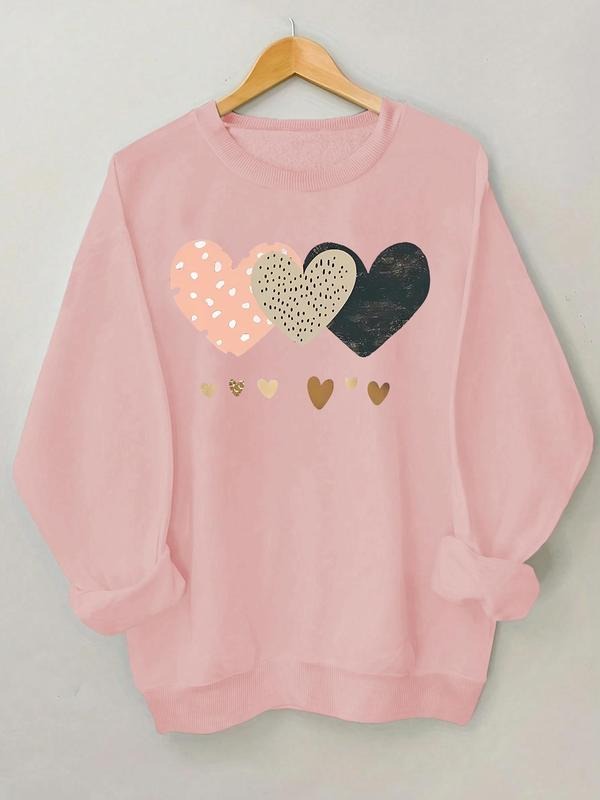 Women's Heart Print Drop Shoulder Sweatshirt, Casual Long Sleeve Round Neck Pullover for Fall & Winter, Women's Clothes...
