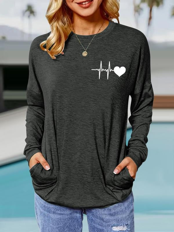 Women's Heart Print Round Neck Long Sleeve Pullover, Casual Loose-Fit T-Shirt for Spring & Fall, Comfortable Breathable...