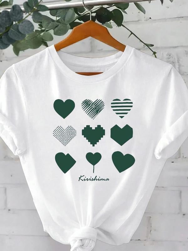 Women's Heart Print Round Neck Oversized T-shirt, Casual Trendy Tee for All Seasons, Women Clothing for Daily Wear...