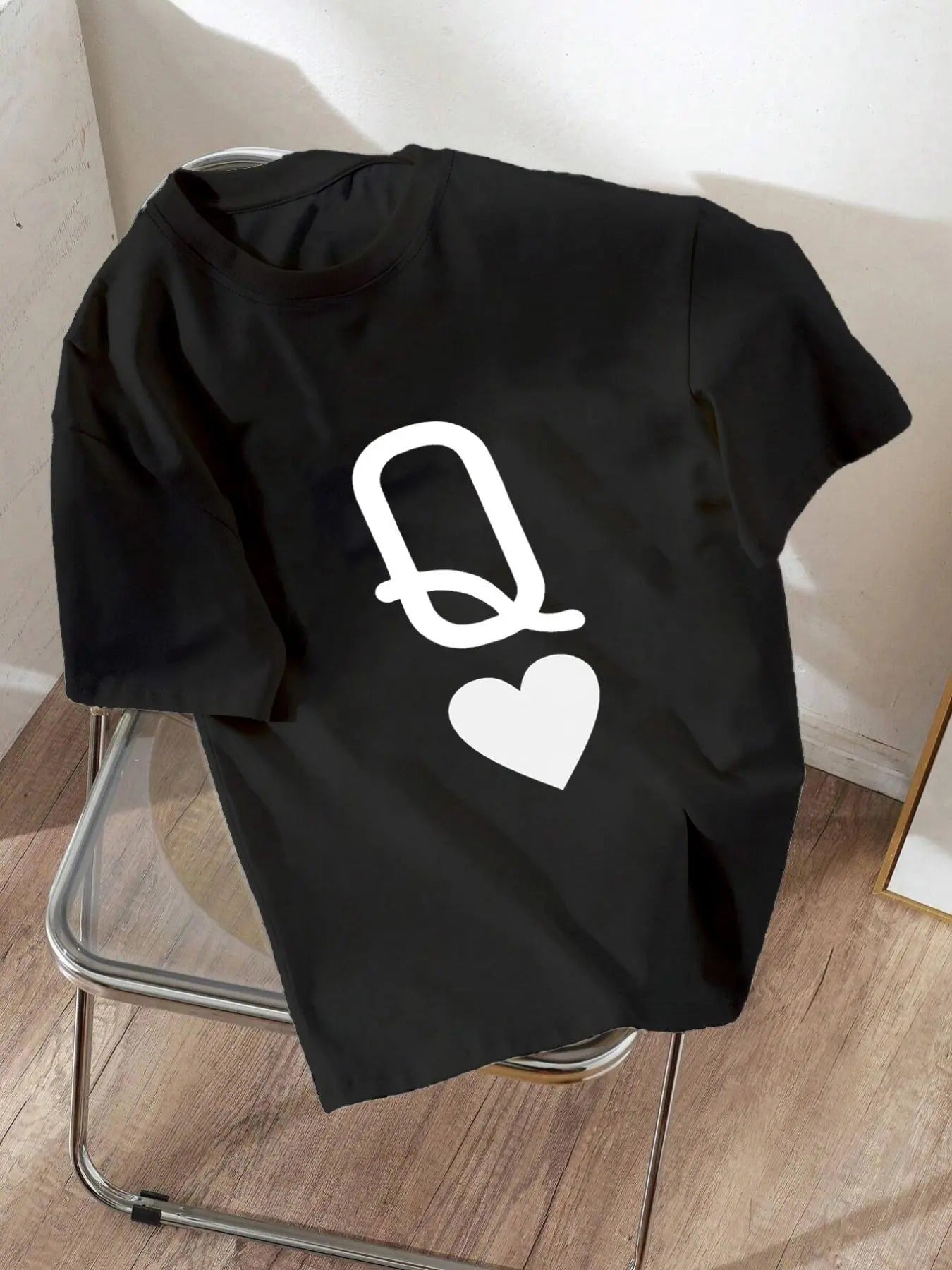 Women's Heart Print Round Neck Tee, Fashion Casual Drop Shoulder Short Sleeve T-shirt for Daily Wear, Ladies Clothes for...