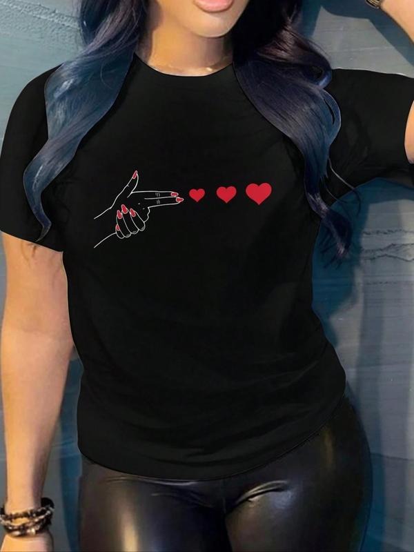 Women's Heart Print Round Neck Tee, Fashion Casual Short Sleeve T-shirt, Ladies Summer Clothes for Daily Wear Hoodie,...