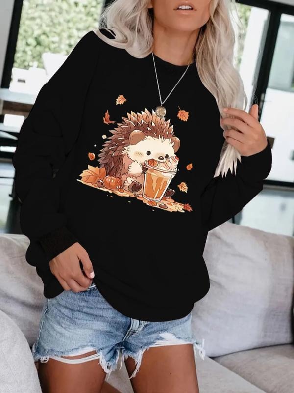 Women's Hedgehog Drink Print Casual Round Neck Cute Sweatshirt, Soft Pullover, Fall & Winter Essential, Comfortable...