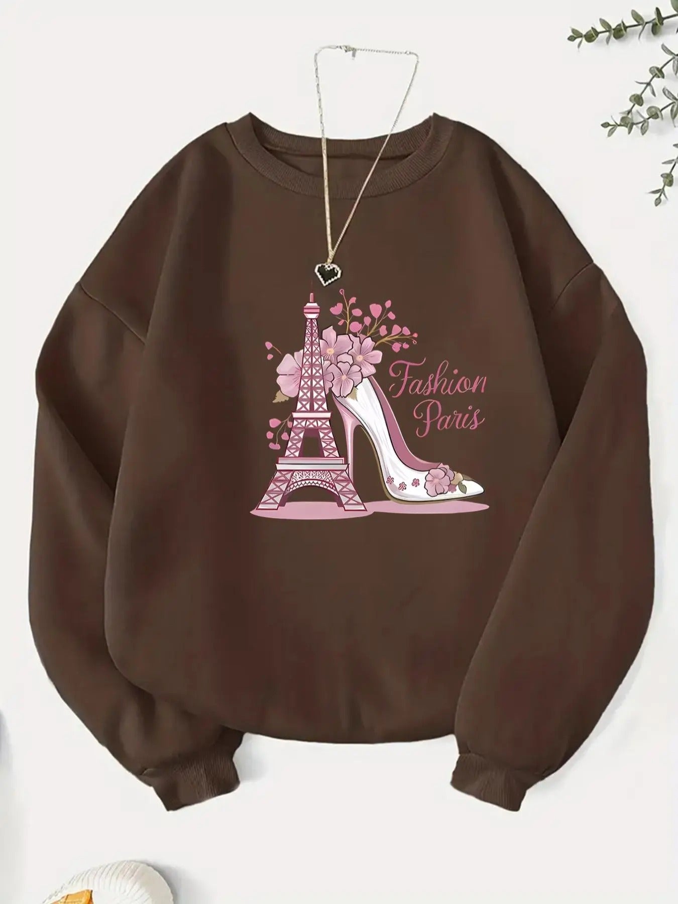 Women's High Heel & Eiffel Tower Print Crew Neck Sweatshirt, Fashion Casual Long Sleeve Pullover for Daily Wear, Ladies...