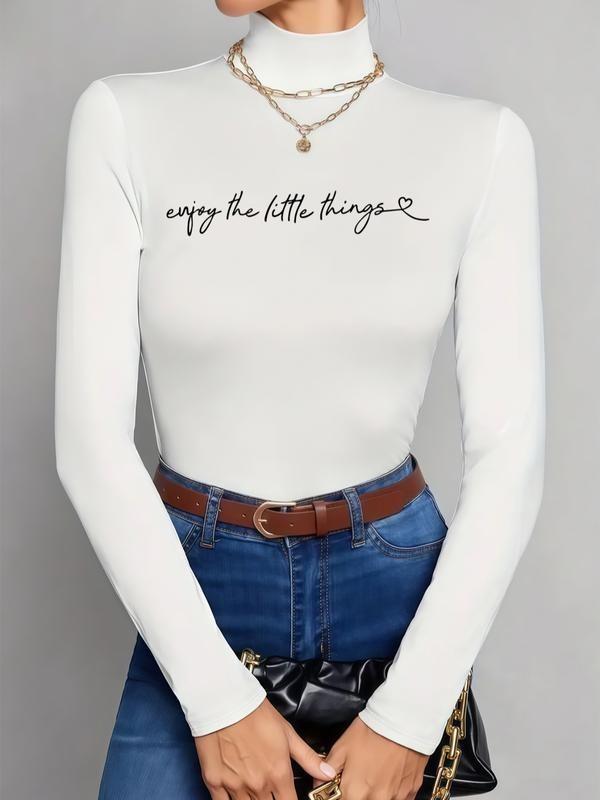 Women's High Neck Long Sleeve T-Shirt, Elegant Stretch Solid Color Top, Regular Fit, Letter & Heart Print, Casual &...