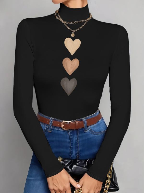 Women's High Neck Long Sleeve T-Shirt, Stretchy Casual Top with Heart Print, Milk Silk Fabric, Fashionable Pullover for...