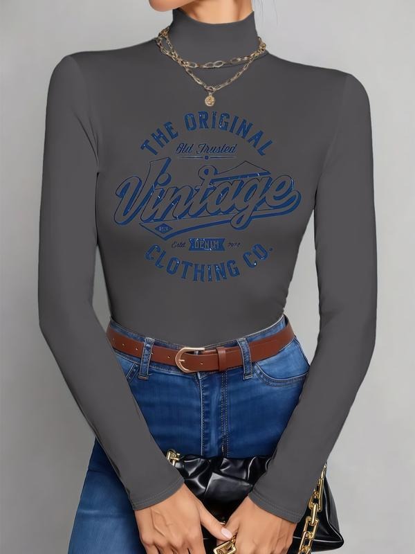 Women's High Neck Long Sleeve T-Shirt, Vintage Letter Print, Stretchy Casual Top, Milk Silk Fabric, All Season Fashion...