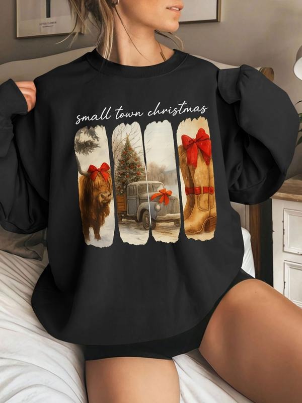 Women's Highland Cow Print Casual Sweatshirt, Fitted Round Neck Pullover for Winter, Geometric Pattern Gift for Her...
