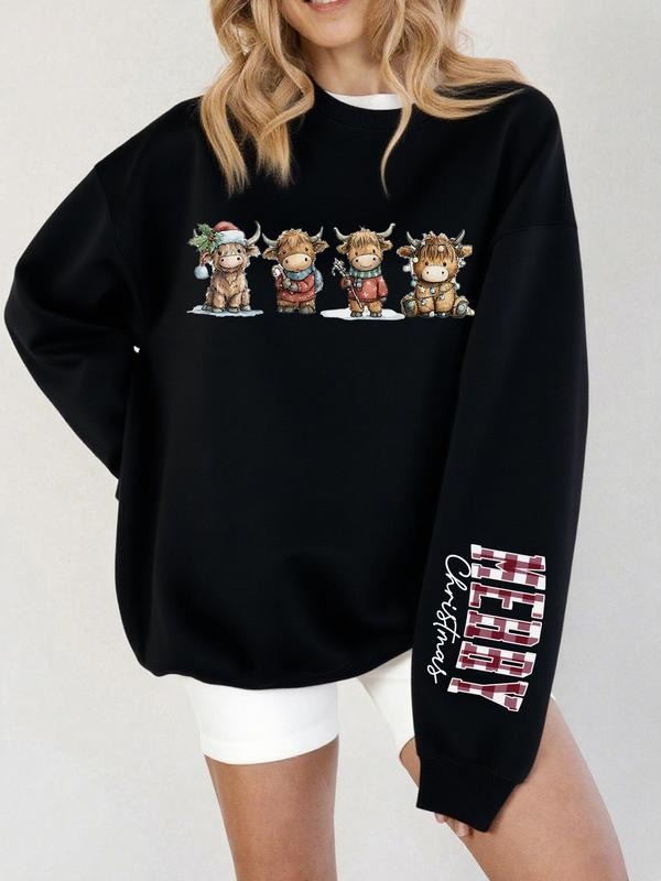 Women's Highland Cow Print Casual Sweatshirt, Fitted Round Neck Pullover for Winter, Geometric Pattern Gift for Her style...