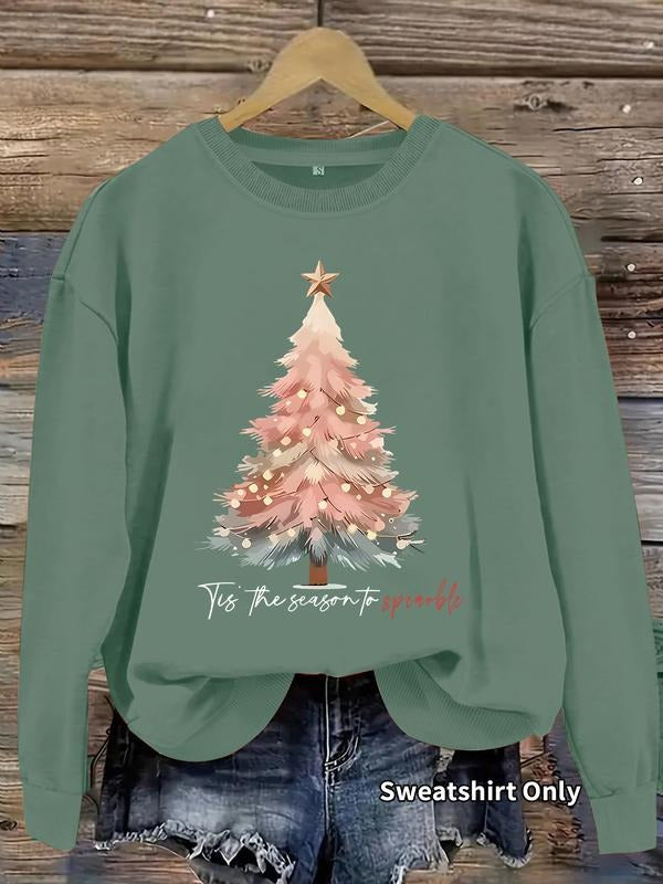 Women's Holiday Tree & Star Print Sweatshirt, Casual Polyester Pullover, Round Neck, Long Sleeve, Knit Fabric, Fall...