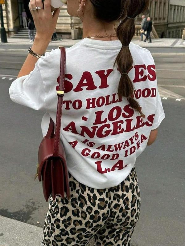 Women's Hollywood Los Angeles Print Round Neck Tee, Fashion Casual Letter Print Crew Neck T-Shirt for Daily Holiday...