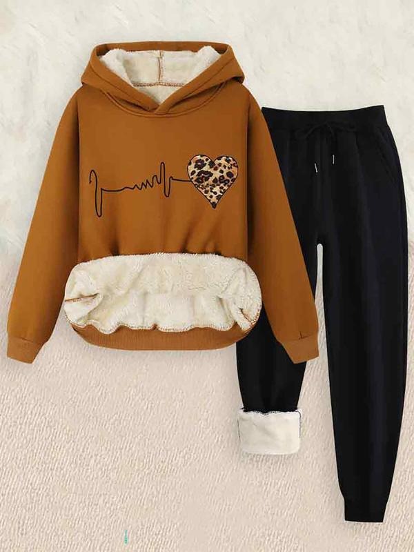 Women's Hooded Sweatshirt Set, 2-Piece Casual, Letter & Leopard Heart Print, Thick Fabric, Fall Winter Wear T-Shirts, Hoodie