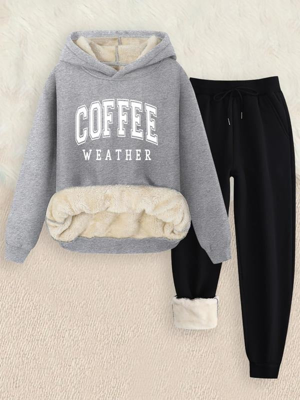 Women's Hooded Sweatshirt Set, Coffee Weather Letter Print, Casual Loose-Fit, Fall & Winter, 2 Piece, Comfortable Kint...