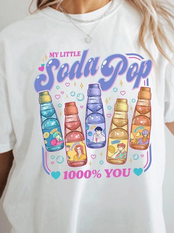 Women's Hourglass Bottle Pattern Print & Letter Print Oversized Round Neck T-shirt, Casual Basic Top for All Seasons,...