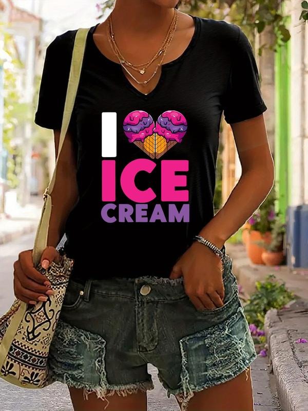 Women's I Love Ice Cream Letter Print T-Shirt, Casual Summer Short Sleeve V Neck Top, Fashionable Ladies' Clothing...