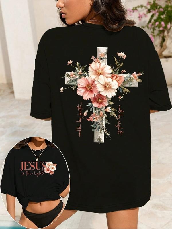 Women's Inspirational "Jesus Is The Light" Floral Christian T-Shirt, Loose Fit Round Neck Women Graphic Tee With Motto...