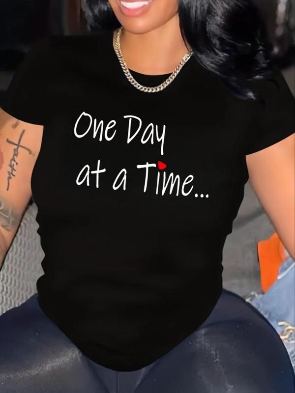 Women's Inspirational Short Sleeve T-Shirt, Letter Print Round Neck, Light Weight Summer Top, Fitted Beach Street Style...