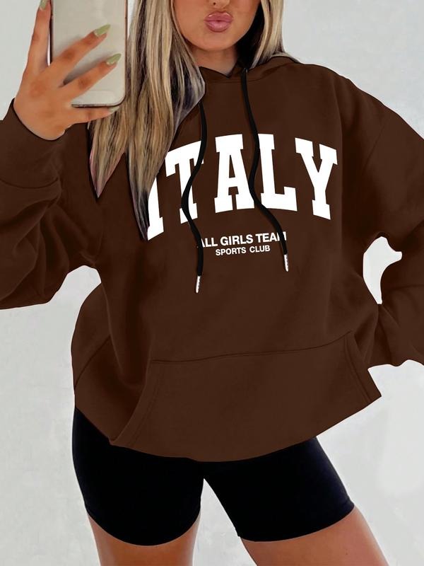 Women's Italy Print Hoodie with "ALL GIRLS TEAM SPORTS CLUB" Graphic, Brown Oversized Streetwear Pullover for Casual...