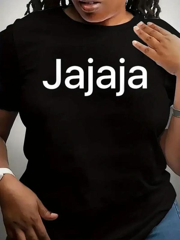 Women's Jajaja Letter Print Round Neck Tee, Casual Short Sleeve Crew Neck T-Shirt for Daily Wear, Ladies Clothes for...