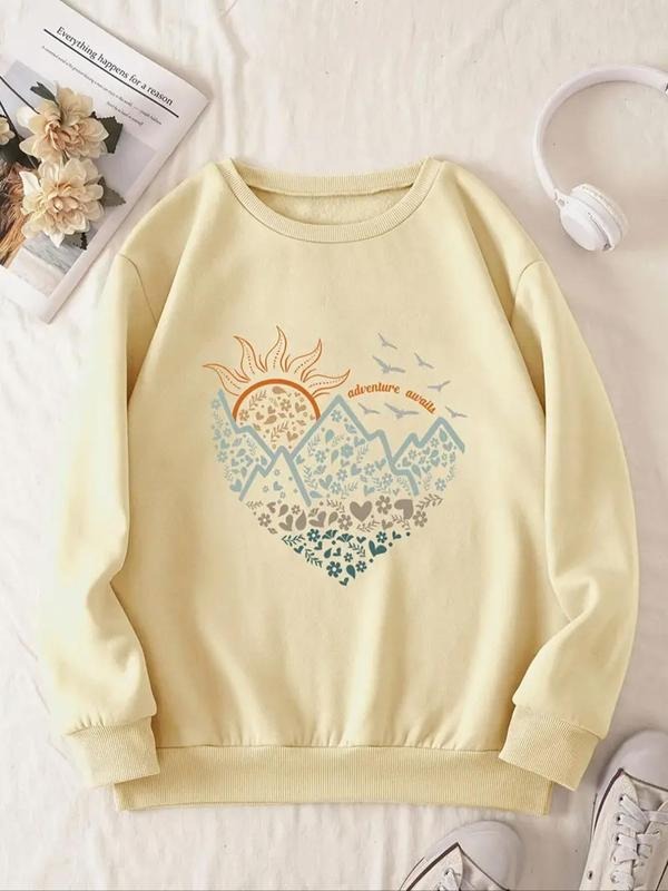 Women's Landscape & Heart Print Crew Neck Sweatshirt, Casual Long Sleeve Pullover, Women's Fall & Winter Clothes for...