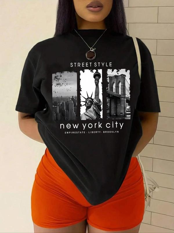 Women's Landscape Print Drop Shoulder Tee, Street Style Letter Print Half Sleeve Round Neck T-Shirt for Daily Wear,...