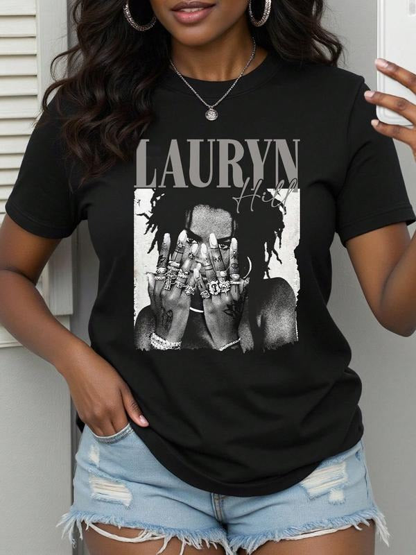 Women's Lauryn Hill Vintage Graphic Loose Fit T-Shirt, 90s Music Idol Print Casual Short Sleeve Top, for Casual...