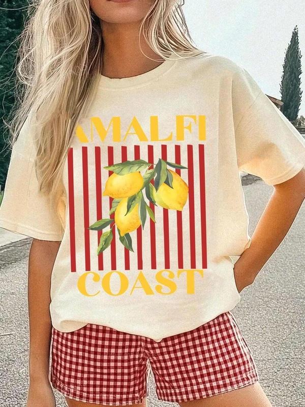 Women's Lemon Print Round Neck Tee, Casual Short Sleeve Crew Neck T-Shirt for Summer, Fashion Women's Top for Daily Wear...