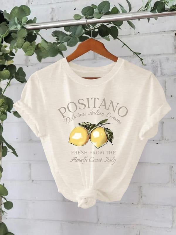 Women's Lemon Print Round Neck Tee, Casual Short Sleeve Crew Neck T-Shirt for Summer, Fashion Women's Top for Daily Wear...