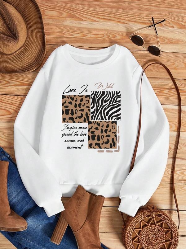 Women's Leopard & Zebra Print Hoodie, Casual Loose Fit Round Neck, Long Sleeve, Fall & Winter Fashion, Daily Wear...