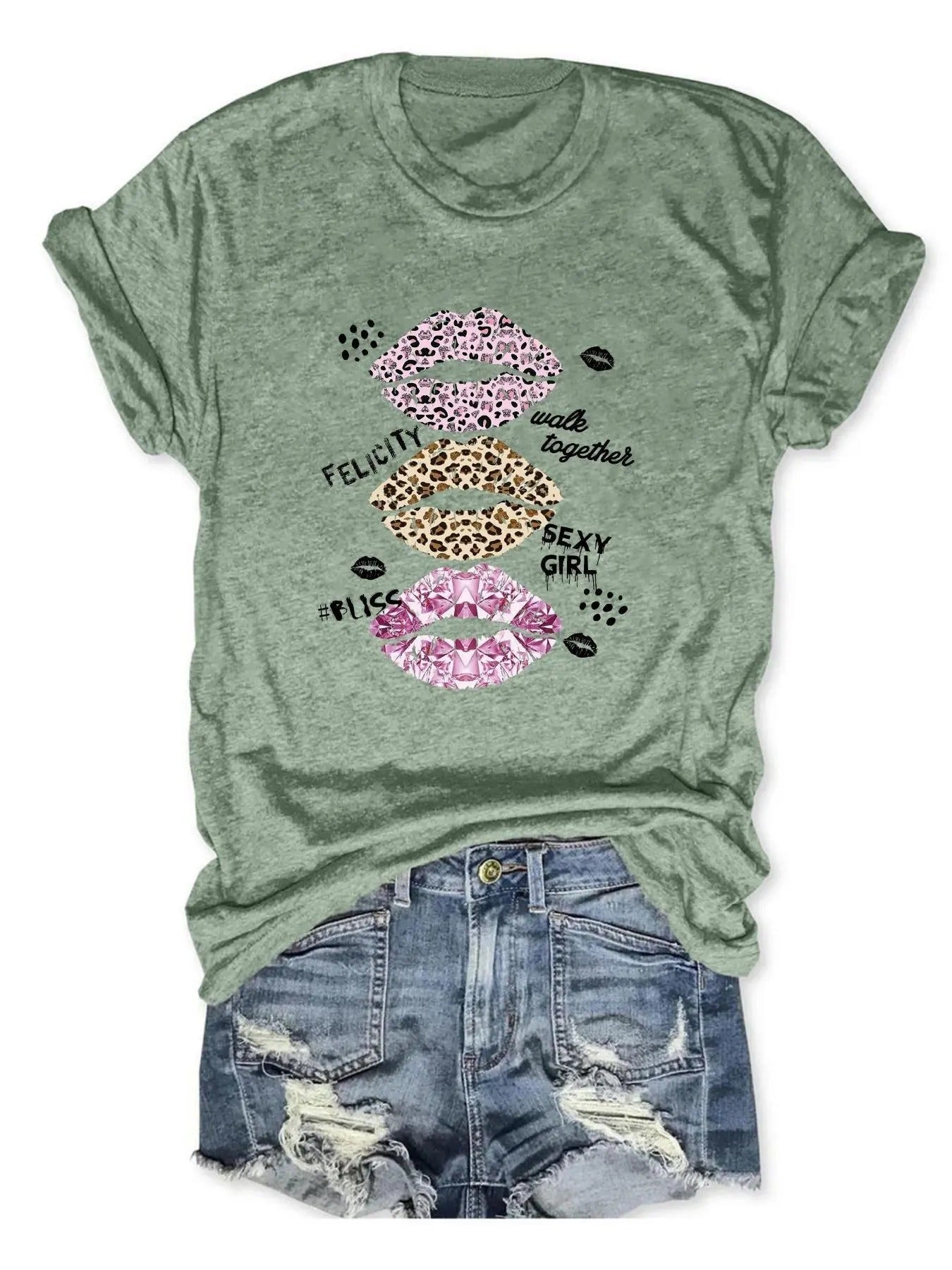 Women's Leopard  Lip Print Short Sleeve Tee, Casual Graphic Round Neck T-shirt for Daily Wear, Ladies Clothes for All...