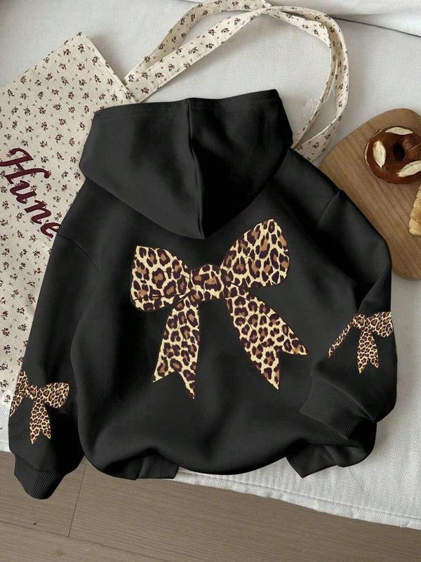 Women's Leopard Bowknot Print Regular Fit Long Sleeves Hooded Sweatshirt, Casual Top for Fall And Winter, Women's Gift...