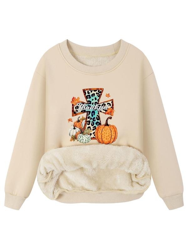 Women's Leopard Cross & Pumpkin Print Thermal Lined Sweatshirt, Casual Long Sleeve Round Neck Pullover for Fall & Winter,...