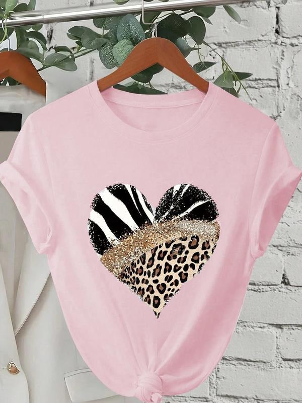 Women's Leopard Heart Print Round Neck Tee, Fashion Casual Crew Neck T-Shirt for Daily Holiday Vacation Outdoor Wear,...
