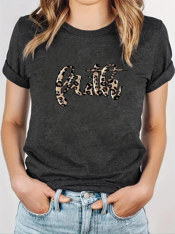 Women's Leopard Letter Print Round Neck Tee, Fashion Casual Crew Neck T-Shirt for Daily Holiday Vacation Outdoor Wear,...