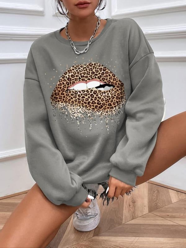 Women's Leopard Lip Print Round Neck Graphic Sweatshirt Without Necklace, Fashion Casual Long Sleeve Pullover For Daily...