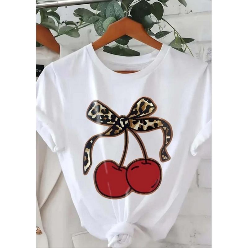 Women's Leopard Print Cherry & Bowknot Print Round Neck Tee, Casual Short Sleeve T-shirt for Summer, Ladies Clothes for...