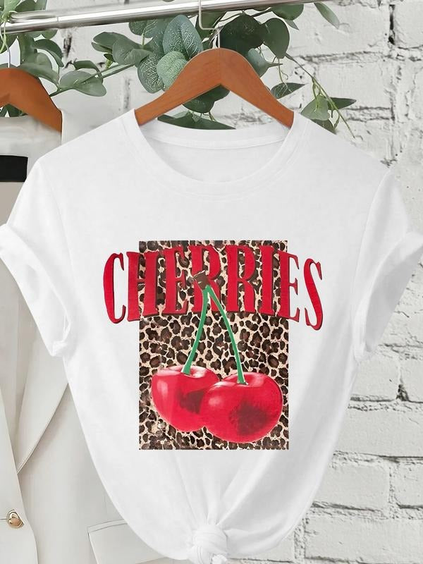 Women's Leopard Print Cherry Letter Graphic Regular Fit Round Neck T-shirt, Casual Chic Top for Summer, Summer Outfits...